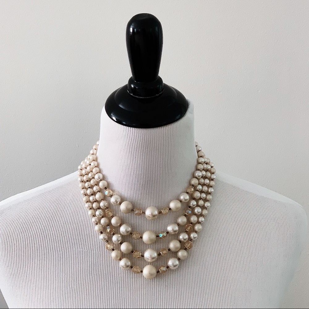 Vintage Faux Pearl Crystal Necklace Earring Set